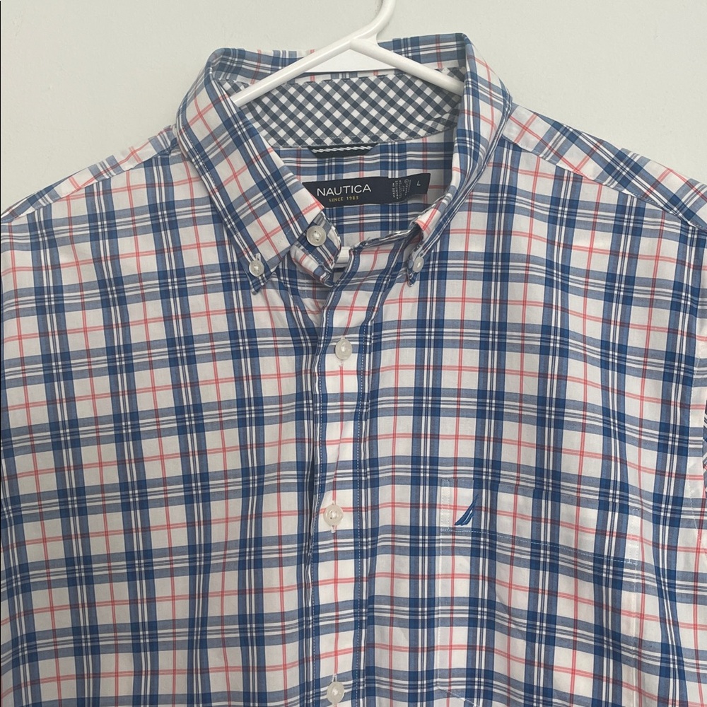 Nautica Blue, White & Red Plaid Button-Down Shirt